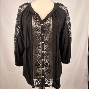 Bunulu Black Lace Boho Blouse Crochet Panel Tie Neck Medium